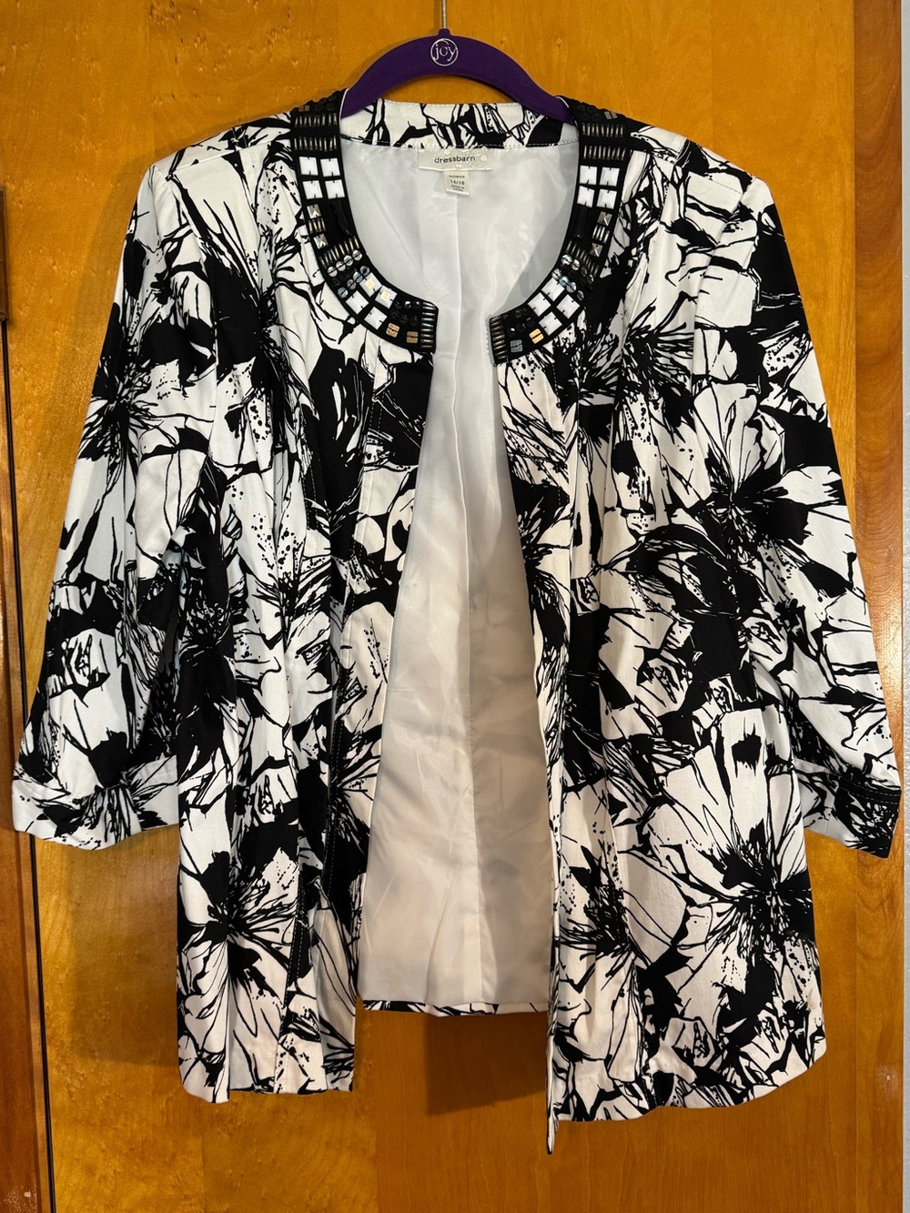 Dressbarn Black and White Embellished Floral Collar Jacket